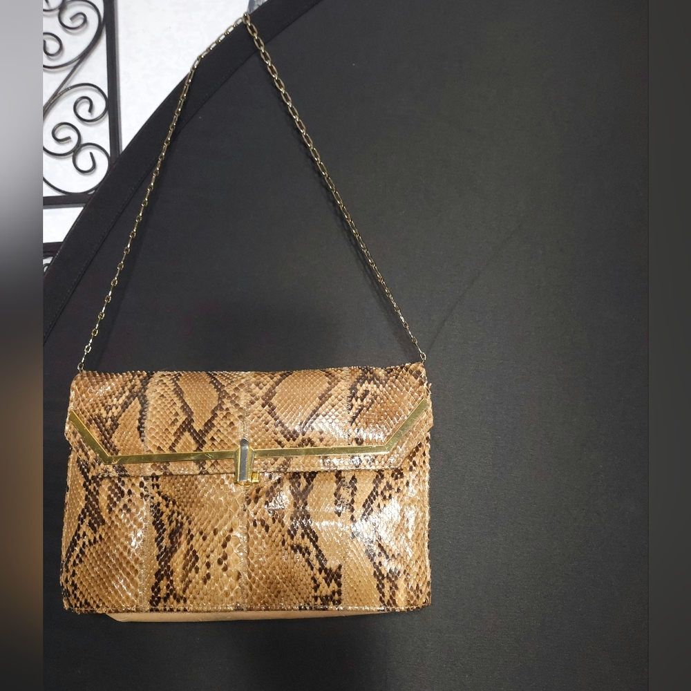 MARGOLIN Python Snake Skin Print Gold Chain Envelope Clutch Purse Pocketbook